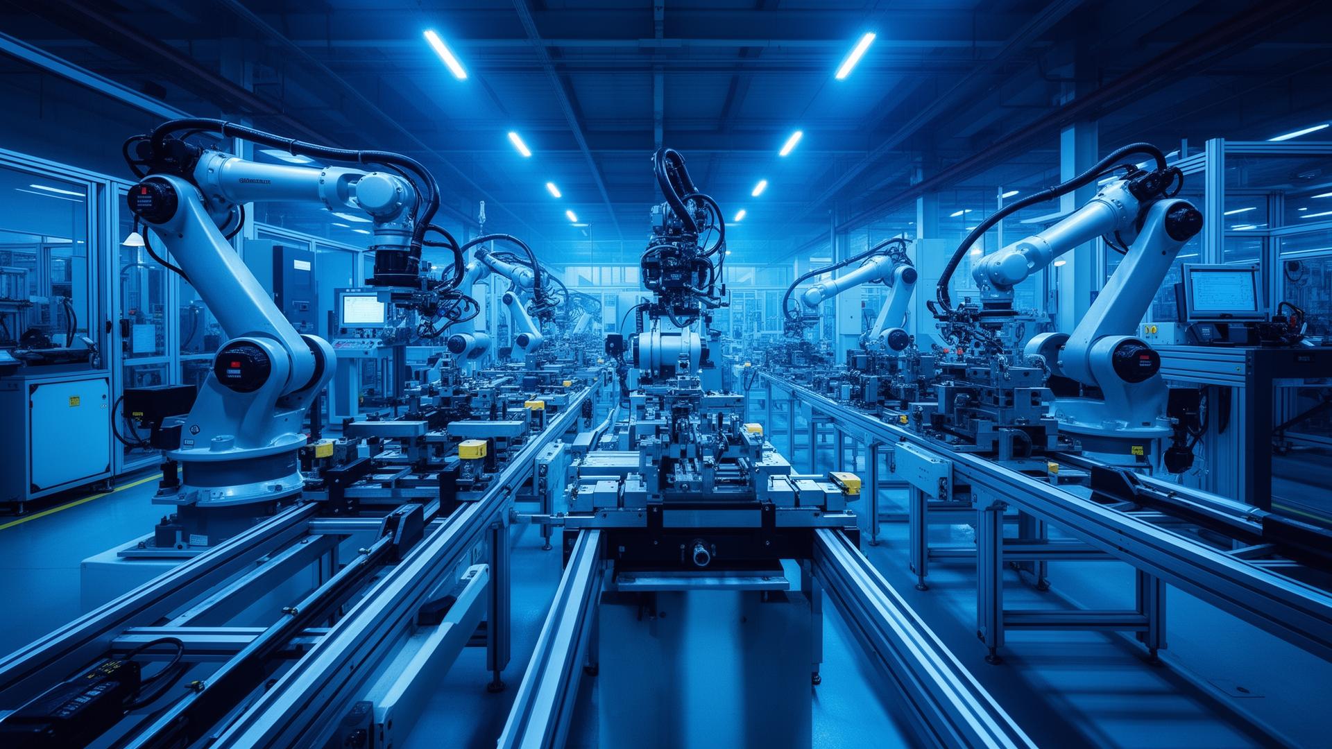 Modern industrial automation factory with robotic arms